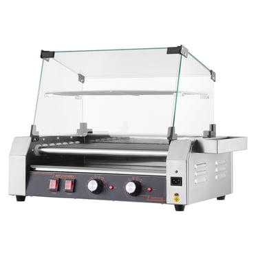 KFFKFF Hot Dog Roller, 18 Hot Dog 7 Rollers, Stainless Steel Sausage Grill Cooker, 1050W Commercial Hot Dog Machine with Dual Temp Control, Cover, Side Storage Box