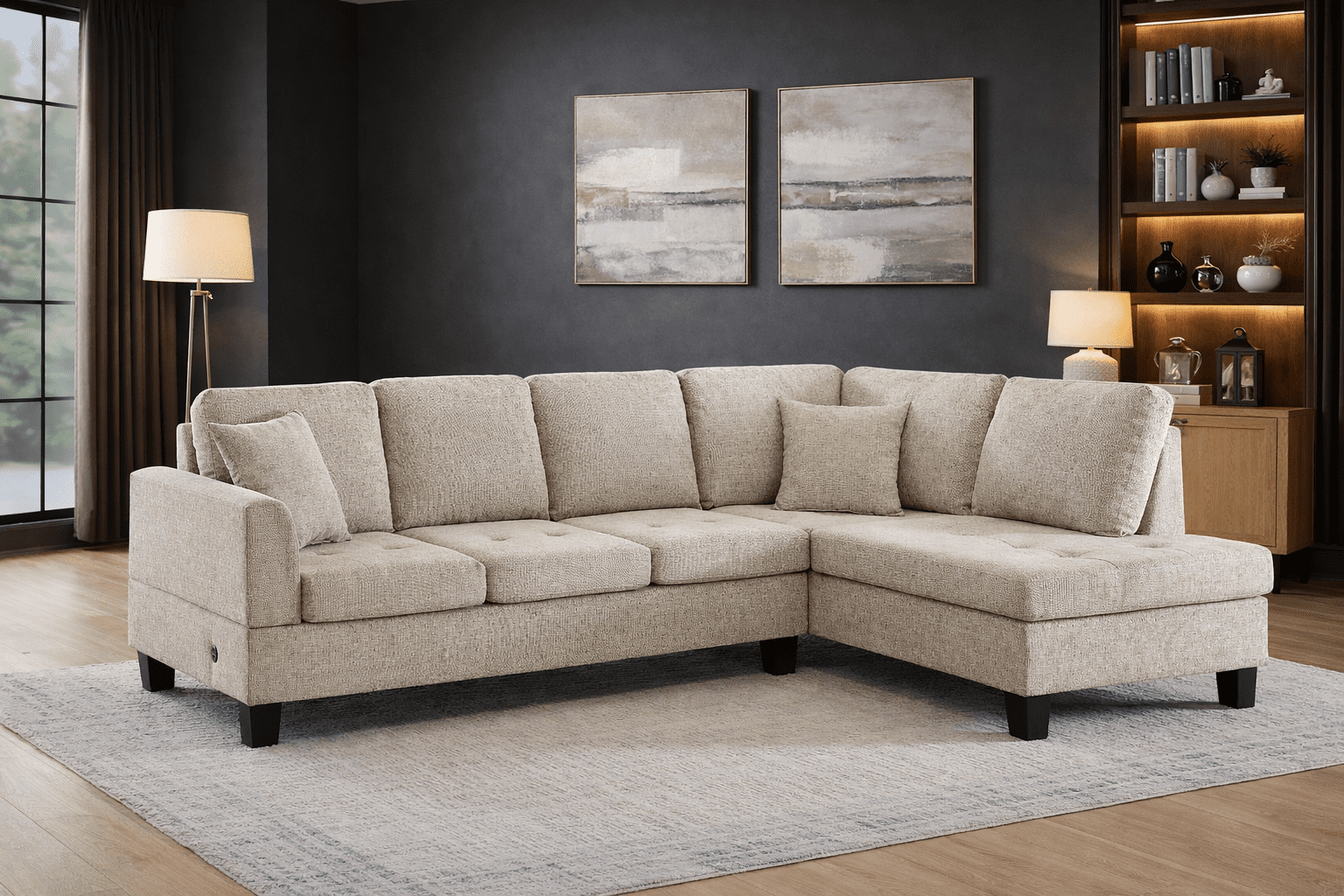 K-Living Contemporary Fabric Sectional Sofa in Almond with Two Decorative Pillows for Indoor Use
