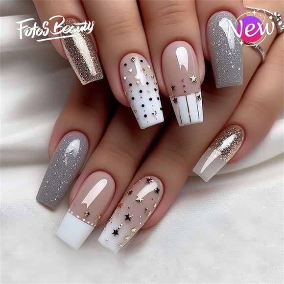 Fofosbeauty 24 Pcs Ongles Autocollants, Faux Ongles en Acrylique, Ongles Pleine Couverture pour Femmes Filles Enfants, Cercueil Étoile Lune Argent