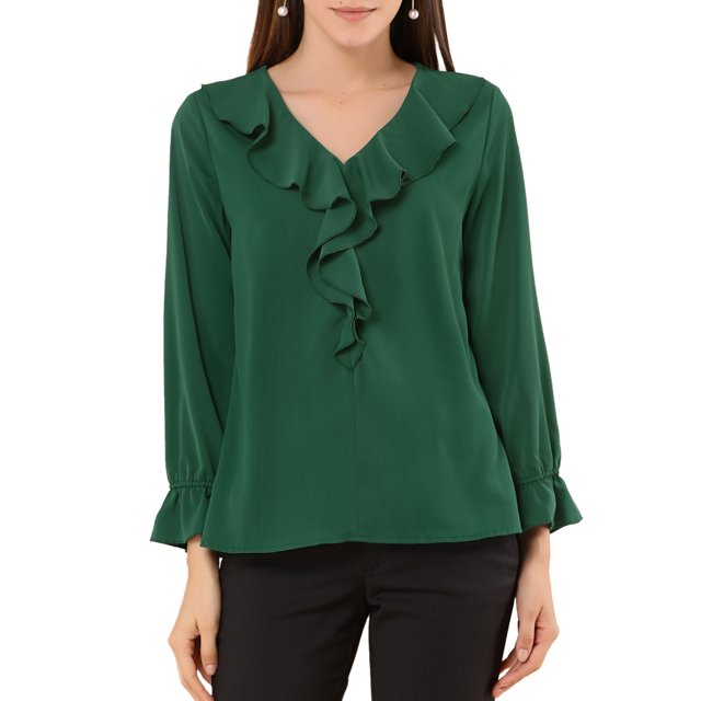 INSPIRE CHIC Blouse à Volants pour Femme, Élégante, Col en V, Manches Longues, Haut Habillé pour le Travail, m Vert