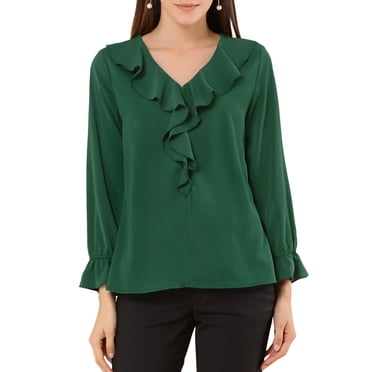 INSPIRE CHIC Blouse à Volants pour Femme, Élégante, Col en V, Manches Longues, Haut Habillé pour le Travail, Vert, m
