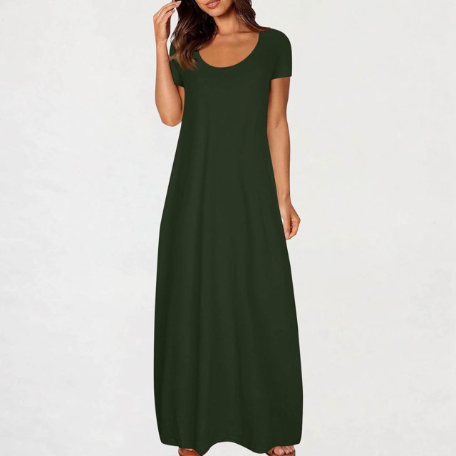 Robe Maxi pour Femmes 2025 Robe pour Femmes à Grande Poche Robe de Couleur Unie Mode Col Rond Robe à Manches Courtes