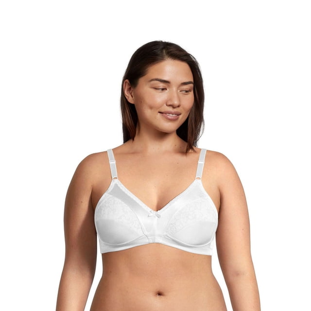 Warner's Women's Wire-Free Firm Support Bra in white, front-facing on a model, crafted from nylon and spandex with floral lace detailing on the cups, featuring adjustable front straps and a small center bow, designed for firm support and comfort for fuller figures.