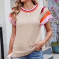 thumbnail image 2 of Pisexur Hauts pour Femmes Confort Printemps Hauts pour Femmes Nouveau Col Rond Tricot Design Color-Block Hauts Décontractés pour Femmes Chandail à Manches Courtes Doux, Hauts Mignons pour Femmes, 2 of 6