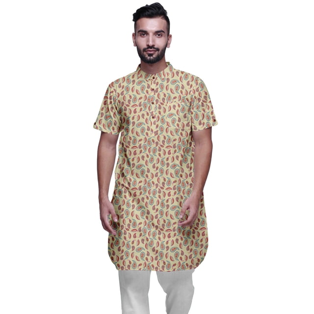 Atasi Kurta Imprimée pour Hommes Col Mandarin Coton Cambric Chemise Kurta Décontractée