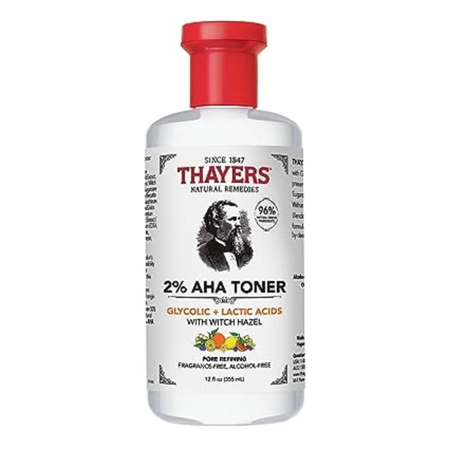 2% AHA Exfoliating Toner with Glycolic Acid, Lactic Acid and Witch Hazel by Thayers, white plastic bottle with red cap, labeled alcohol-free and fragrance-free, designed for pore refining and smoothing skin texture, 12 fl oz (355 ml).