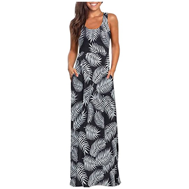 Femmes Sans Manches Poche Casual Imprimé Floral Plage Longue Maxi Robe en Vrac