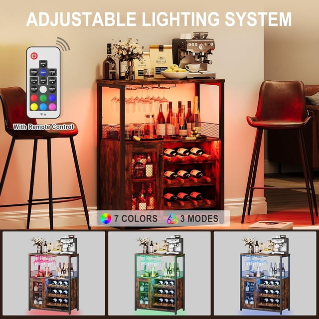 OUYAWEI 3Tier Wine Bar Cabinet with LED Lights,Coffee Bar Cabinet with Adjustable Shelves,Mesh Door&Baffle,Small Liquor Cabinets with Wine Rack and Glass Holder for Home Kitchen,Brown With Led Light