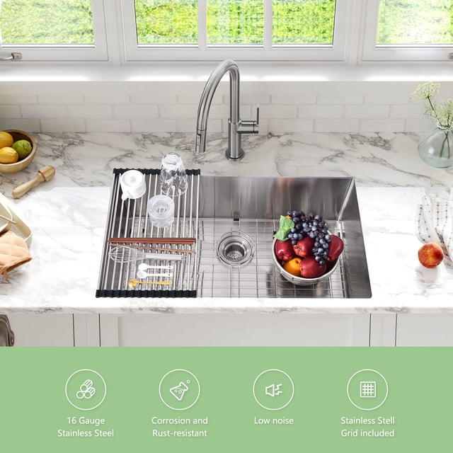 GloryStar Undermount Single Bowl Kitchen Sink, 304 Stainless Steel Deep Basin, Hand-Welded, Includes Bottom Grid & Accessories