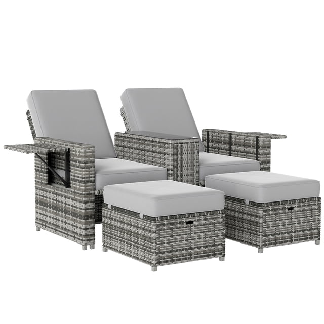 Outsunny Patio Chaise Longue avec Table de Rangement et Ottomans, Sofa Inclinable Gris. Cet Ensemble de Meubles en Rotin 5 Pcs Comprend Deux Chaises Inclinables avec Dossiers Réglables (Cinq positions), Deux Repose-Pieds avec Rangement et une Table d'Appoint avec Dessus en Verre Trempé. Fabriqué en Osier de Rotin PE et Cadre en Acier, avec Coussins Épais Rembourrés pour le Confort. Dimensions : Chaise Longue 28 Pouces L x 22.8 Pouces L x 35.4 Pouces H, Repose-Pieds 18.5 Pouces L x 23.6 Pouces P x 11.8 Pouces H, Table 28