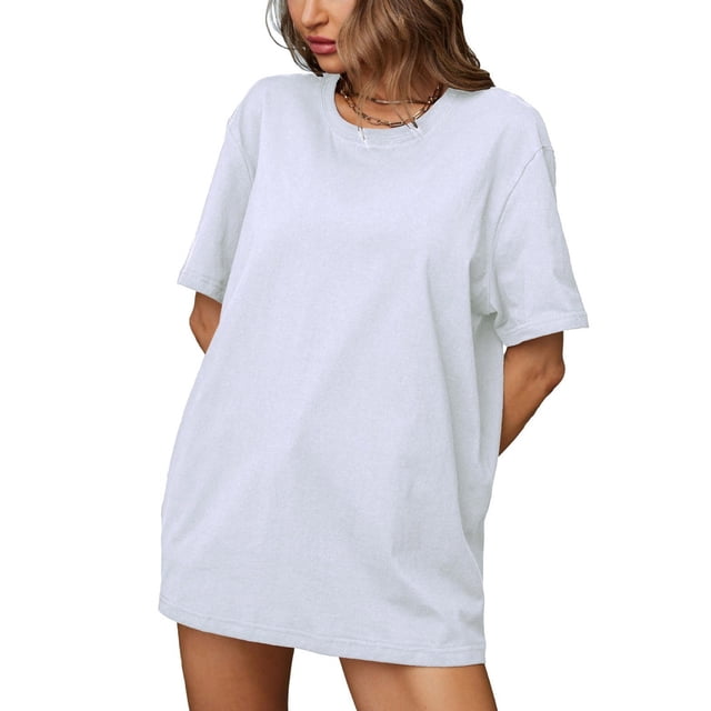 Plebaso T-Shirts en Coton pour Femmes à Manches Courtes, Col Rond, T-Shirts Basiques, Hauts Décontractés, Couleur Unie, Coupe Ample
