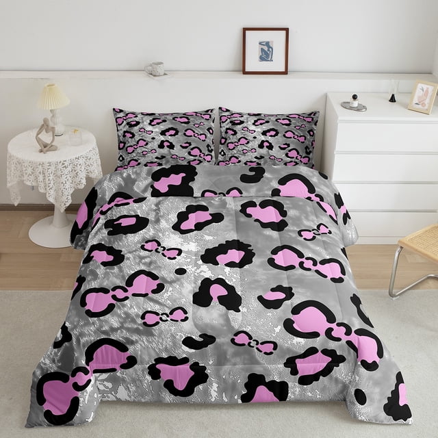 Erosebridal Pink Bowknot Bedding King Comforter Set, Kawaii Leopard Print Down Comforter, Princess Room Decor, Ultra Soft 3pcs