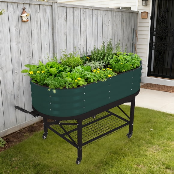 Kojooin Large Oval Raised Garden Bed with Legs and Wheels, Galvanized Steel Planter Box for Flowers and Vegetables