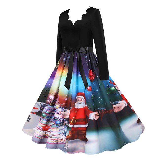 Robe de Fête Vintage pour Femmes à Manches Longues, Col en V, Imprimée