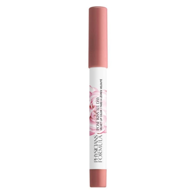 Rosé Kiss All Day Glossy Lip Color - Pillow Talk by Physicians Formula, a slim lip color stick with a matte dusty rose cap and base, white body featuring a pink rose graphic and black text. This antioxidant-rich velvet lip color offers a hydrating, non-drying formula ideal for smooth, fuller lips.