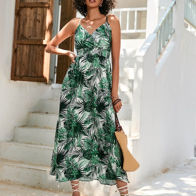 LOVZFMLL Robes Femmes Mode Été Imprimé Sans Manches Camisole Col en V Dos Nu Robe Décontractée