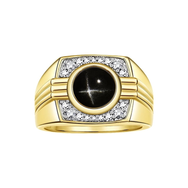 RYLOS Mens Rings 14K Yellow Gold Designer Round Gemstone & Sparkling Diamond Ring Black Star Sapphire March Birthstone Rings For Men, Men's Rings, Gold Rings Sizes 8 - 13