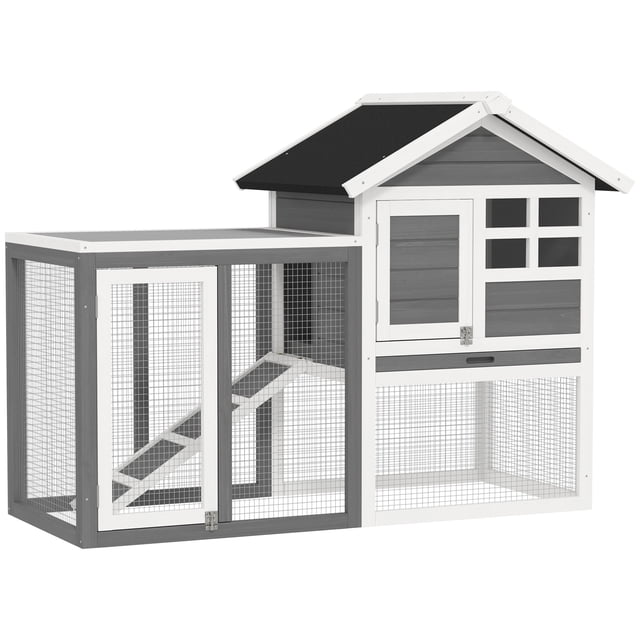 PawHut 49" Wooden Rabbit Hutch with Screened Run in grey, designed as a small animal habitat for rabbits, guinea pigs, and other small pets. Features a two-story fir wood frame with steel wire construction, an enclosed sleeping area, outdoor run, and a slanted asphalt roof for weather protection. Includes multiple doors and a slide-out tray for easy access and cleaning.