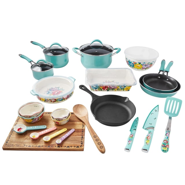 The Pioneer Woman Sweet Romance Aluminum 30-Piece Cookware Set, Turquoise