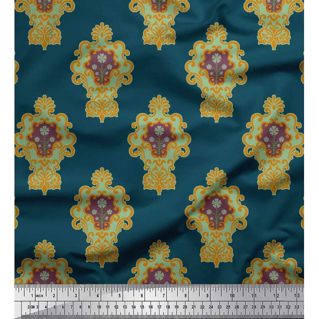 Soimoi Blue Heavy Satin Fabric Floral Damask Printed Fabric 1 Yard 54 Inch Wide