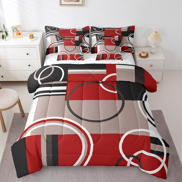 YST Ensemble de Literie Moderne Rouge Gris Noir Rayures 7 Pcs Lit en Sac Géométrique Taille Grand Cercle Rétro Tourbillons Décoration de Chambre Texture Abstraite Moderne Art Coloré Drap Plat