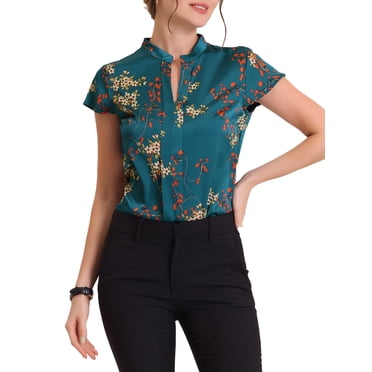 INSPIRE CHIC Women's Satin Tops Vintage Floral Cap Sleeves Summer Work Business Shirt Blouses XL Navy Blue