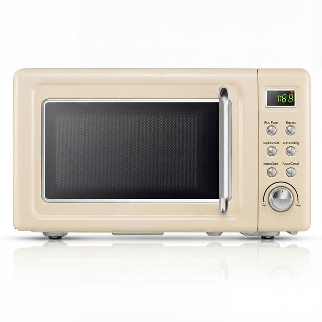Costway 0.7 Cu.ft Retro Countertop Microwave Oven in off-white with a 700W output. Features include an LED display, 5 adjustable power levels, and a 360° rotating glass turntable for even heating. The compact design is ideal for small spaces like apartments and dorms. Includes 8 automatic cooking modes, a child lock for safety, and a clear glass window for monitoring food. Dimensions are 18 inches by 14 inches by 10 inches.
