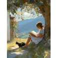 thumbnail image 1 of Girl Reading Under Tree With Cat Canvas Wall Art 15.75x11.81 Inches, 1 of 8