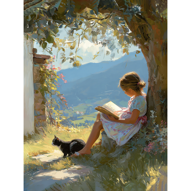 Girl Reading Under Tree With Cat Canvas Wall Art 15.75x11.81 Inches