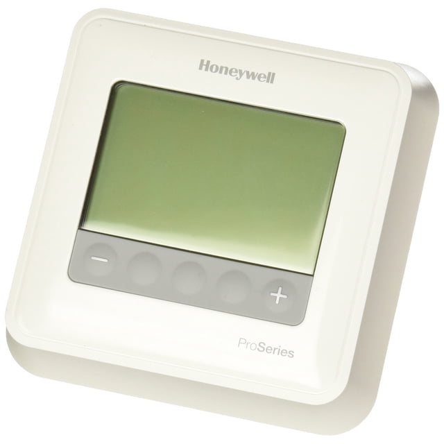 Honeywell - TH4110U2005/U - T4 Pro Thermostat with a large backlit display and easy-to-read interface. Offers programmable or non-programmable settings, flexible scheduling options, and compatibility with most HVAC systems. Includes filter change and low battery reminders. Multicolour design with push-button controls.