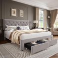 thumbnail image 1 of Ourlova Full Size Bed Frame with 2 Storage Drawers Wooden Slat Support Vintage Velvet Upholstered Bedframe with Button Tufted Wingback Headboard No Box Spring Needed Noise Free Beige, 1 of 6