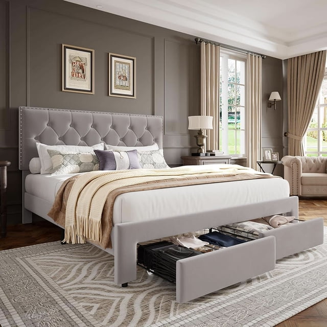 Ourlova Full Size Bed Frame with 2 Storage Drawers Wooden Slat Support Vintage Velvet Upholstered Bedframe with Button Tufted Wingback Headboard No Box Spring Needed Noise Free Beige