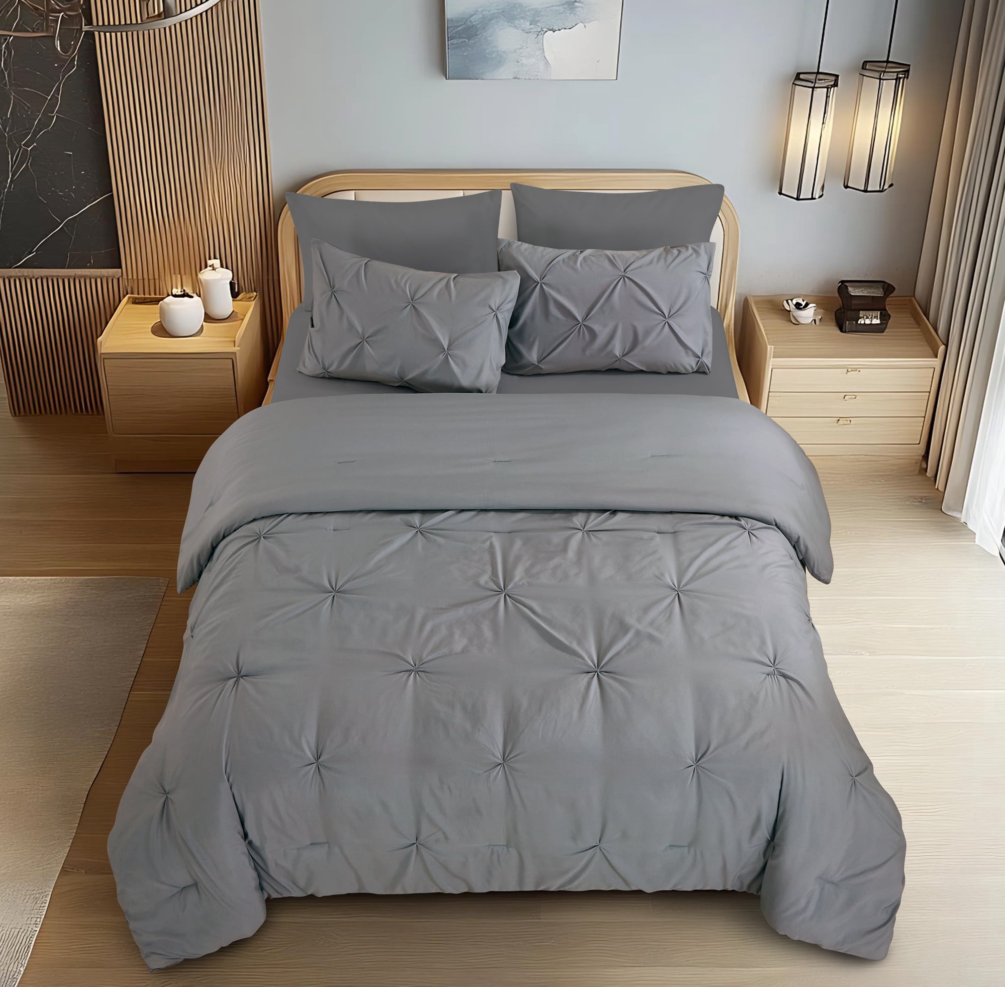 Literie Marina Décoration ultra douce et luxueuse en duvet d'oie, motif géométrique uni, capitonné et plissé, avec taies d'oreiller à volants, gris