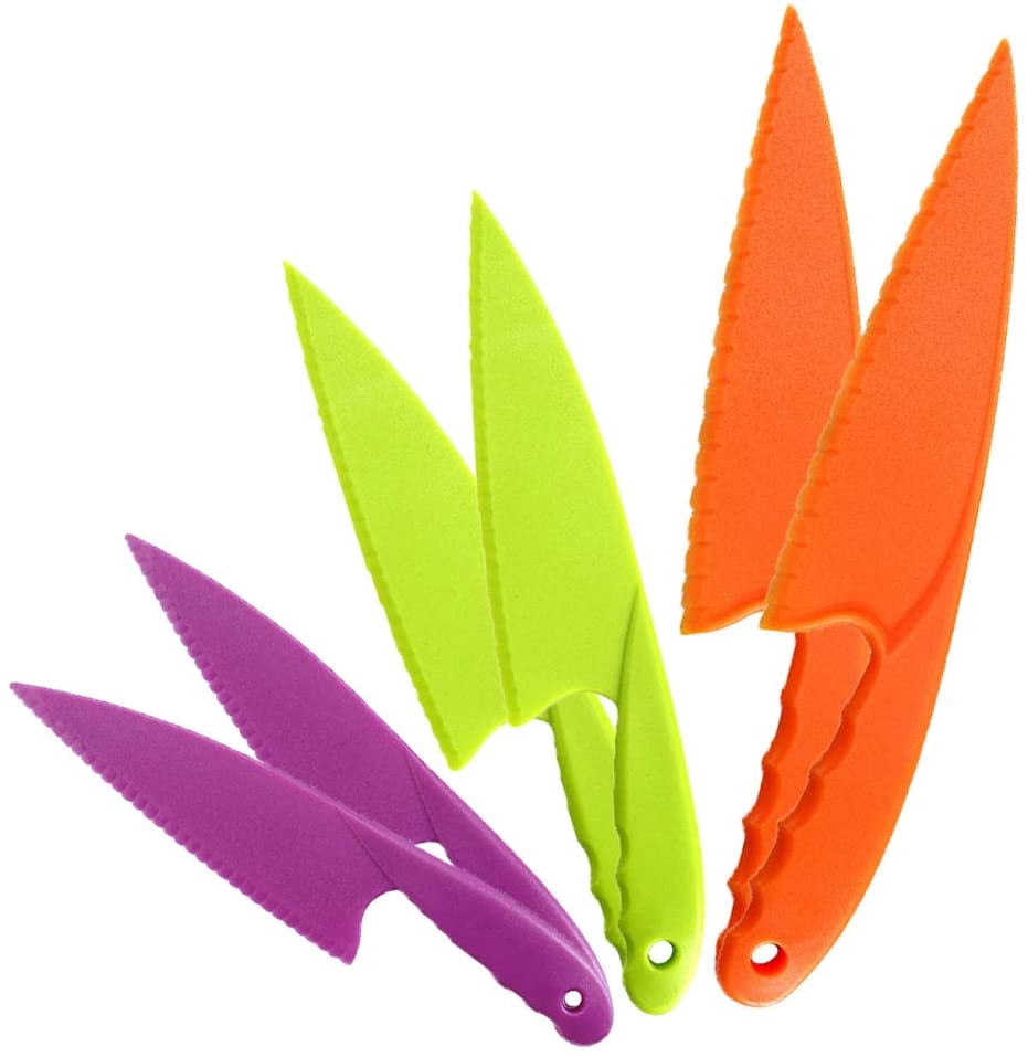 6Pcs Plastic Kitchen Knife Set, Nylon Kitchen Knives for Kids, Safe Colorful Plastic Cooking Knives for Baking, Fruit, Bread, Cake, Lettuce Knife