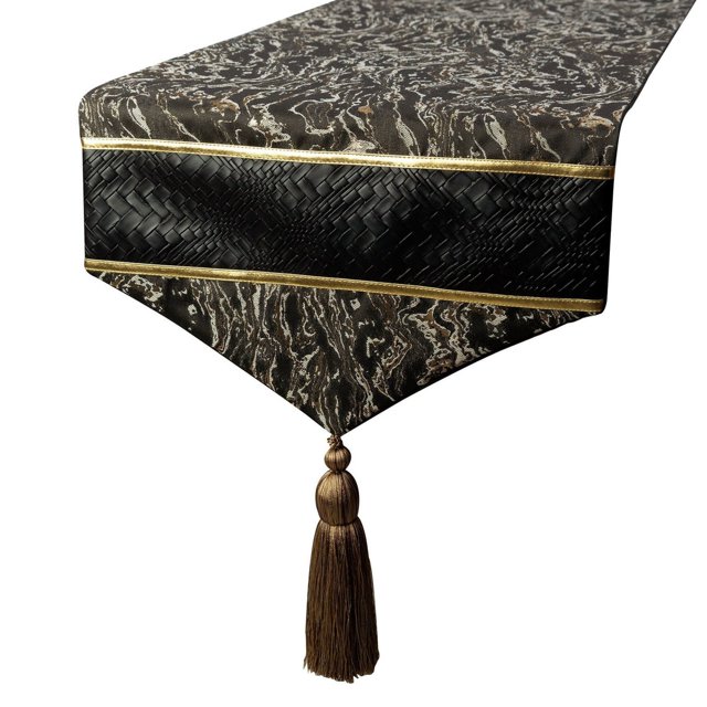 The HomeCentric Decorative Black Table Runner Coffee Table Runner (14 x 36 inch), Tassles & Marble pattern Table Runner, Leather fabric Table Linen, Abstract Halloween Decorations - Leather Runway