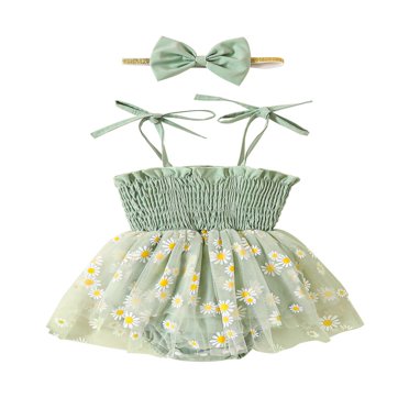 Baby Girls 2 PCS Romper Set Spaghetti Straps Flower Print Tulle Jumpsuit with Bowknot Headband