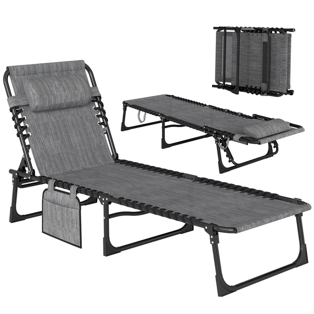 Outsunny Folding Lounge Chair, Reclining Tanning Chair with Adjustable Back in mixed grey mesh fabric and black powder-coated steel frame. Designed for outdoor use, it features weather-resistant fabric, a removable padded headrest, side pocket for storage, and a foldable design for compact transport. Separate views show the chair fully reclined and folded.