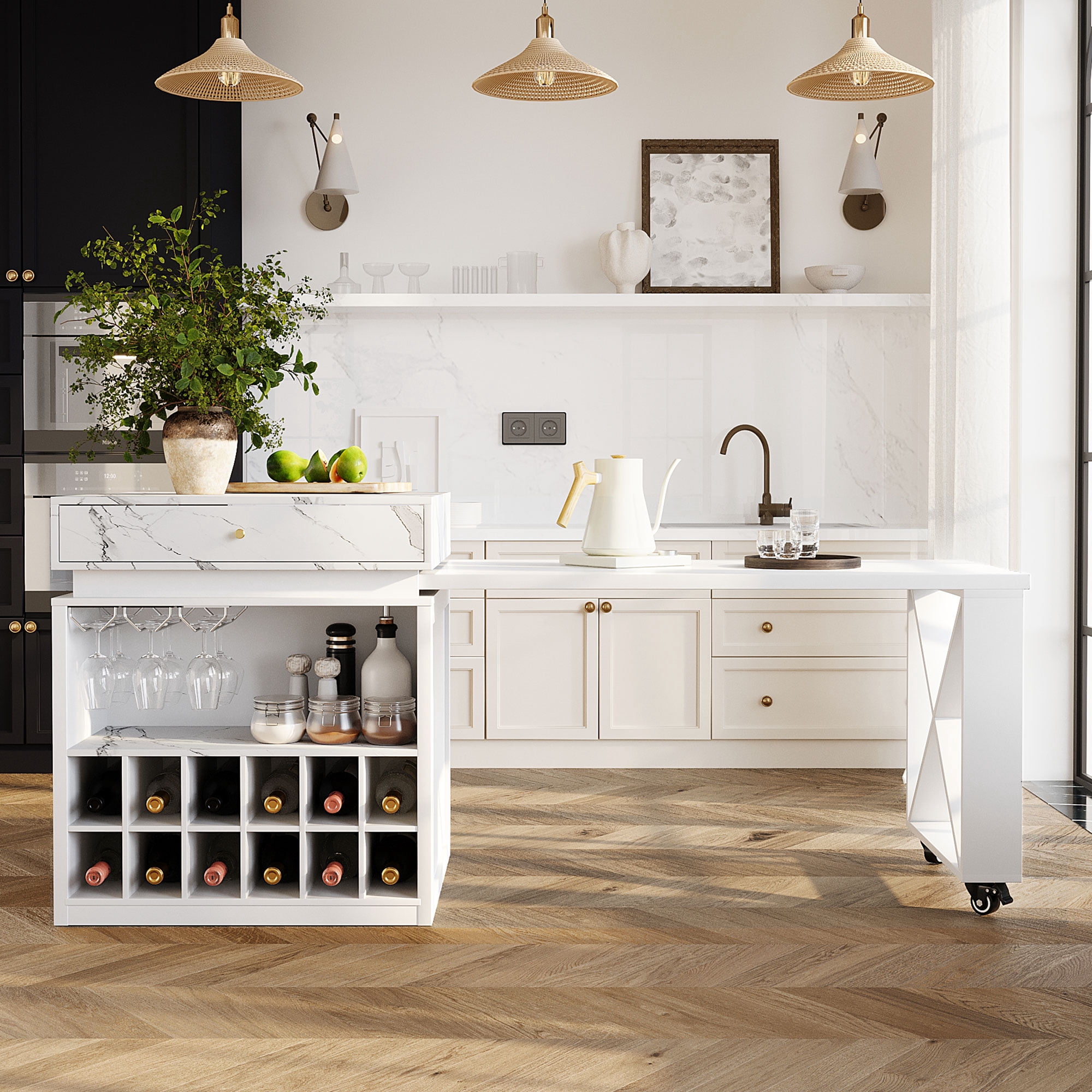 Table haute de comptoir Noble House, îlot de cuisine extensible en imitation marbre, blanc