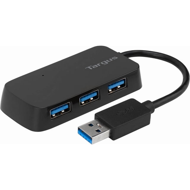 Targus 4-Port USB 3.0 Hub with a black rectangular body featuring three USB 3.0 ports with blue connectors and a short cable ending in a USB 3.0 Type-A plug, enabling SuperSpeed data transfer up to 5Gbps and ideal for expanding USB connectivity on laptops and desktops.