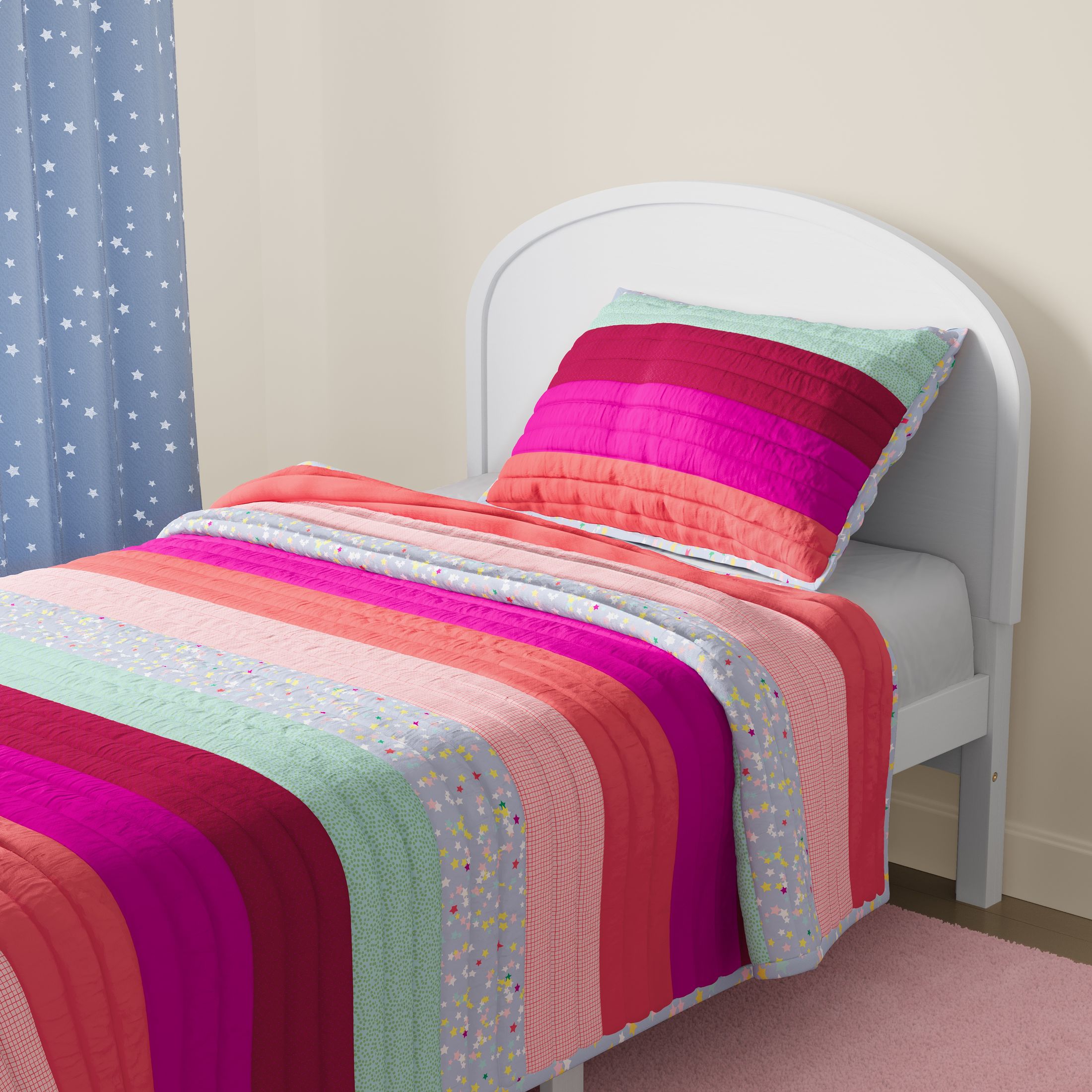 Mainstays Kids Reversible Pink Stripe Stitch Quilt Set, 3 Pieces, Full/Queen