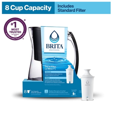 Pichet de filtration d’eau Brita d’une capacité de 8 tasses avec 1 filtre Brita Standard, sans BPA, modèle Marina, Noir