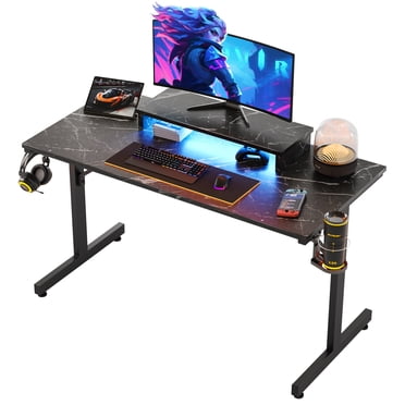 Bestier 42" Gaming Desk with LED Lights, Computer Desk with Monitor Stand in Black Marble Adults