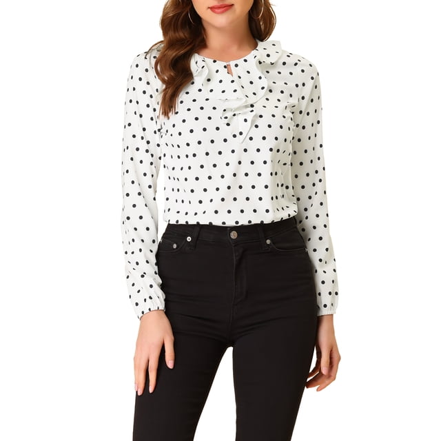 INSPIRE CHIC Blouse Chemise à Manches Longues à Col à Volants pour Femmes, Rentrée Scolaire, Saint-Valentin, TP, Blanc, Noir à Pois