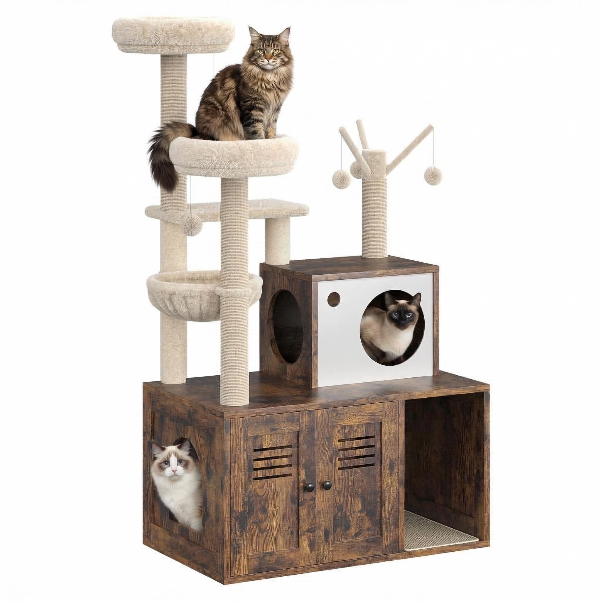 Cat Tree Tower with Litter Box Enclosure, 4-in-1 Cat Furniture Hidden Kitty Washroom Wooden Kitten House w/Condo, Scratching Posts, Teaser Sticks, Perch Platform,80L x 48W x 141H cm, Brown