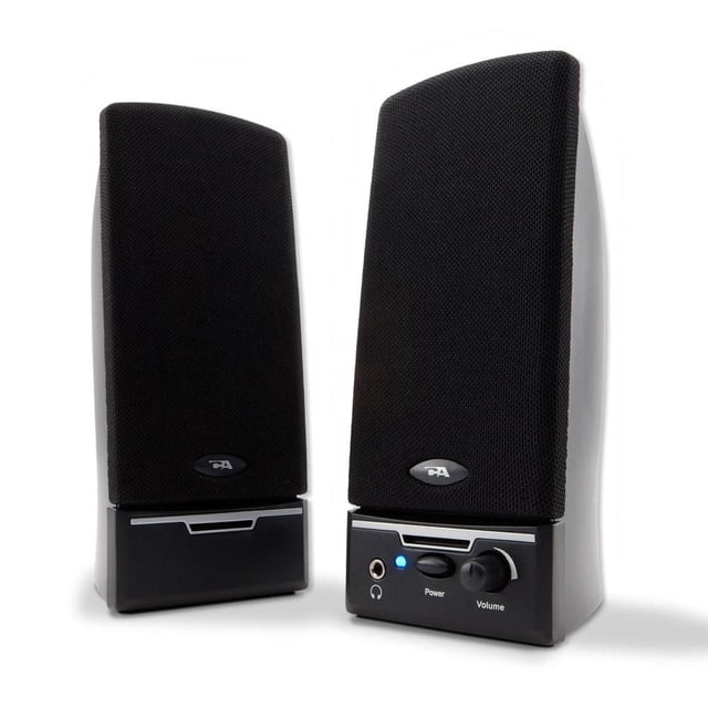 Cyber Acoustics CA2014 4W 2pc Desktop Speakers in black with cloth grill covers and magnetically shielded enclosures, featuring front panel power and volume controls, a headphone jack, and bass-ported cabinets for enhanced low-end stereo sound, ideal for compact desktop audio setups.