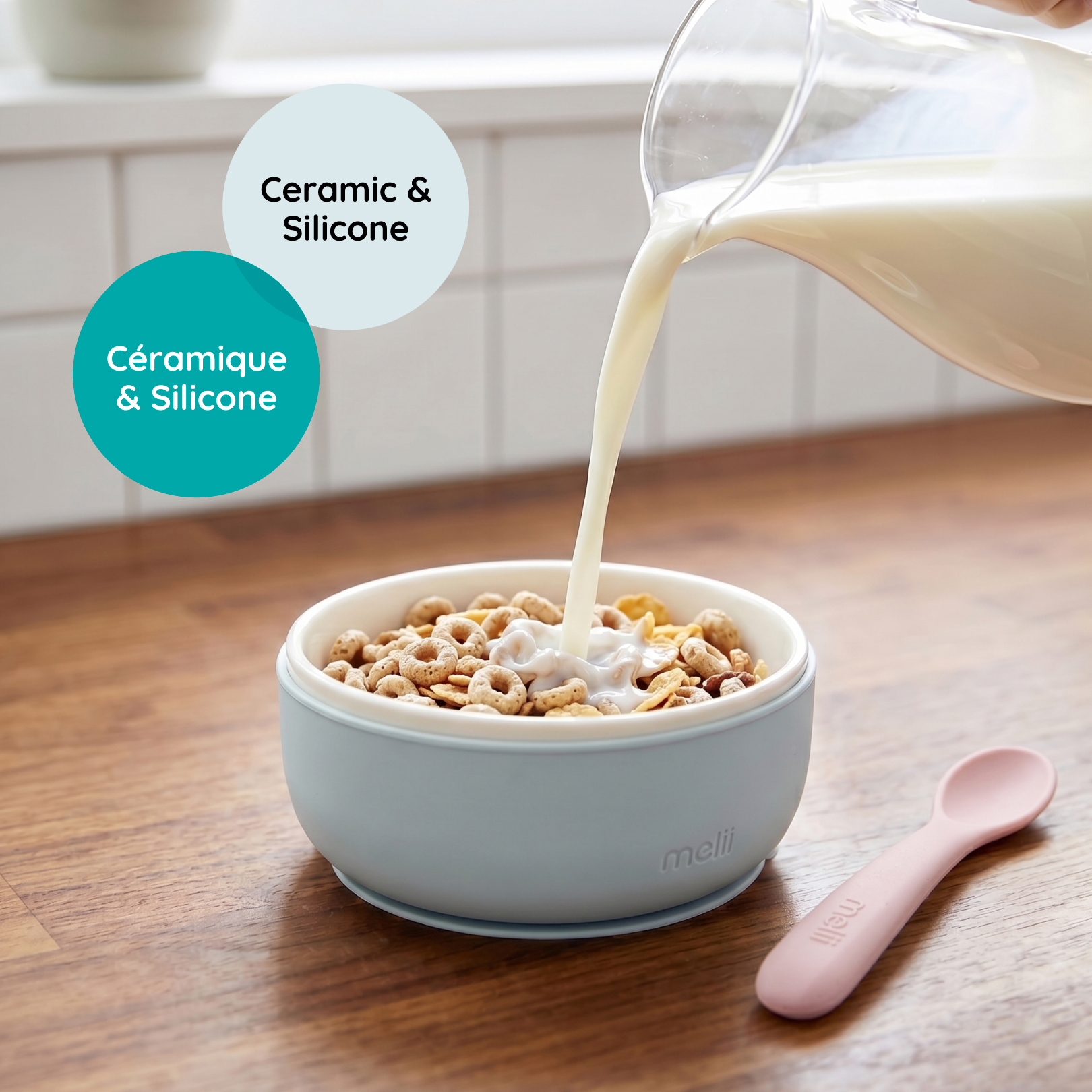 Melii Ceramic Bowl with Silicone Suction Seafoam