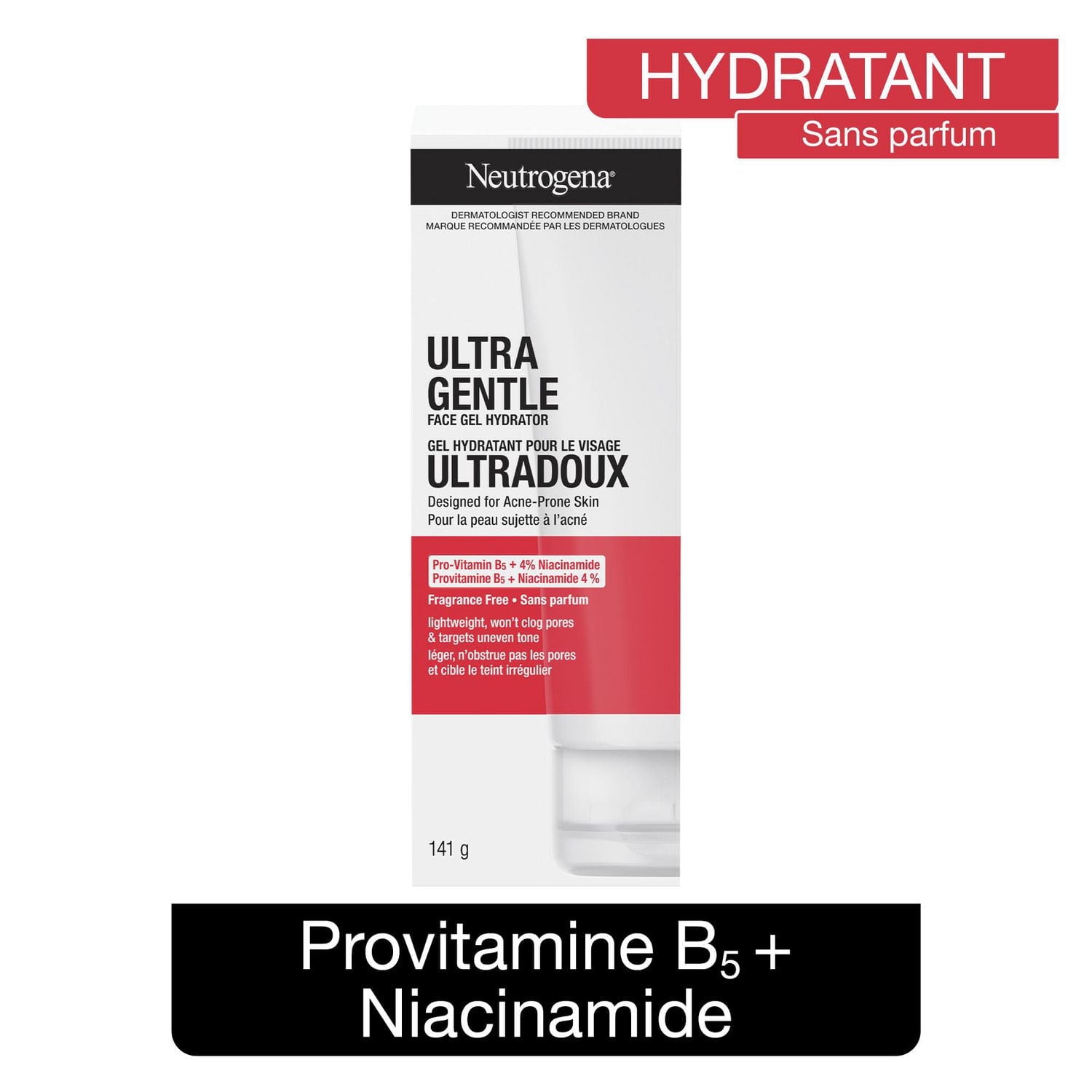 Gel hydratant ultradoux pour le visage Neutrogena, crème pour peaux sèches, niacinamide, vitamine B5, sans parabènes, non comédogène