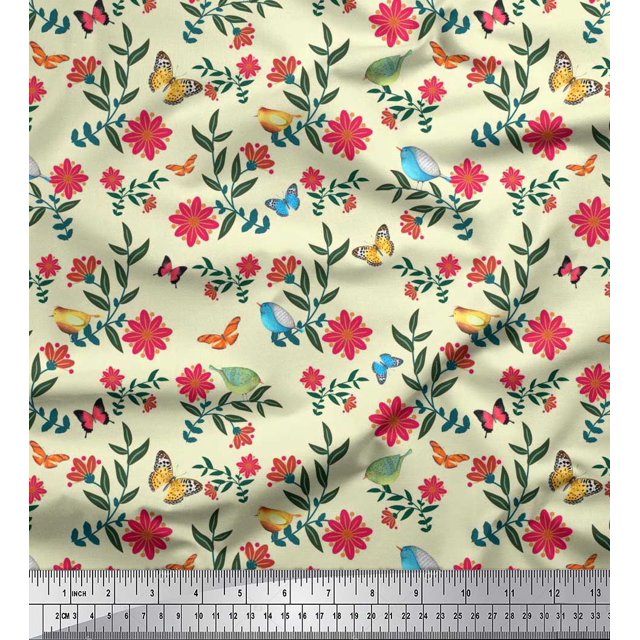 Soimoi Yellow Polyester Crepe Fabric Insect,Bird & Floral Artistic Print Fabric by Yard 52 Inch Wide