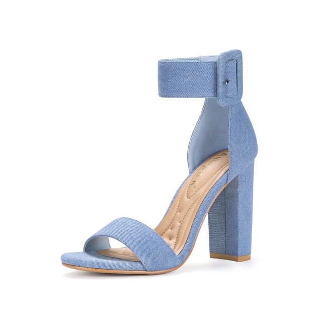 BLISSFUL STEP Women's Block Heels Zipper Buckle Ankle Strap Sandals Denim Blue 5.5