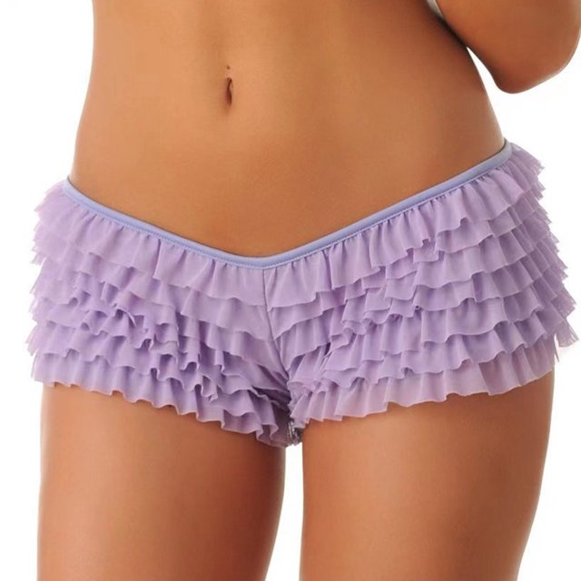 Penkiiy Women Ruffled Bloomer Shorts Y2K Cute Lace Ruffle Shorts Elastic Waist Fairy Mesh Layered Micro Shorts S Purple